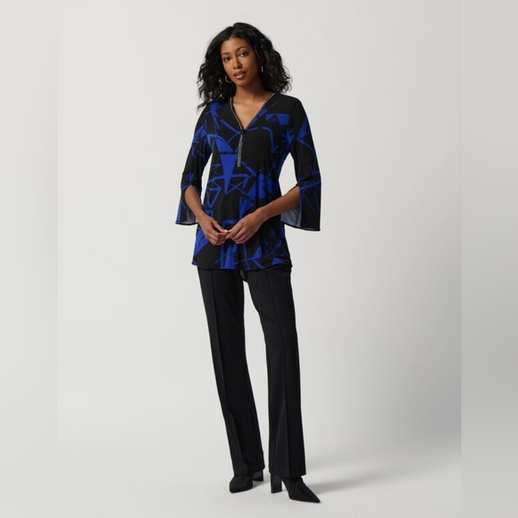 Joseph Ribkoff Edgy V-neck Zipper Top Style  Blue Black Blouse Sz 14 - Picture 2 of 16
